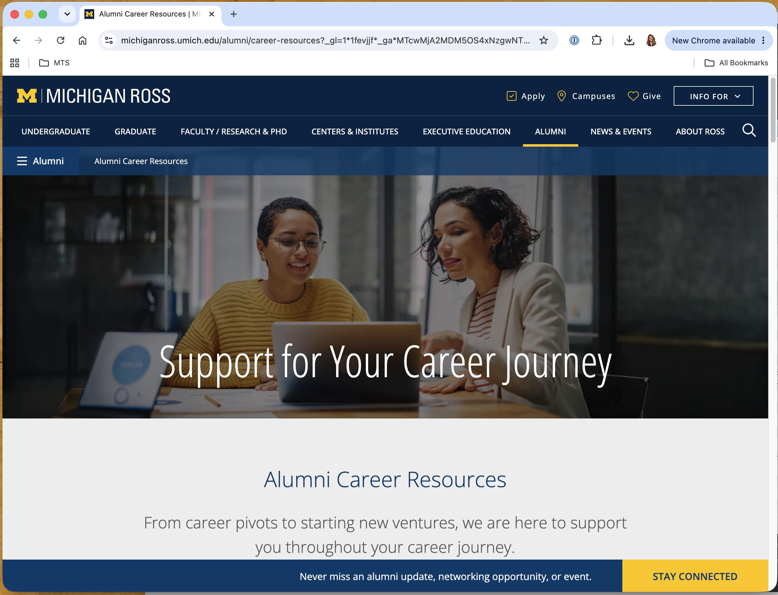 Screenshot of the Michigan Ross Alumni Career Resources webpage featuring the headline “Support for Your Career Journey” and information about alumni career support, networking opportunities, and events.