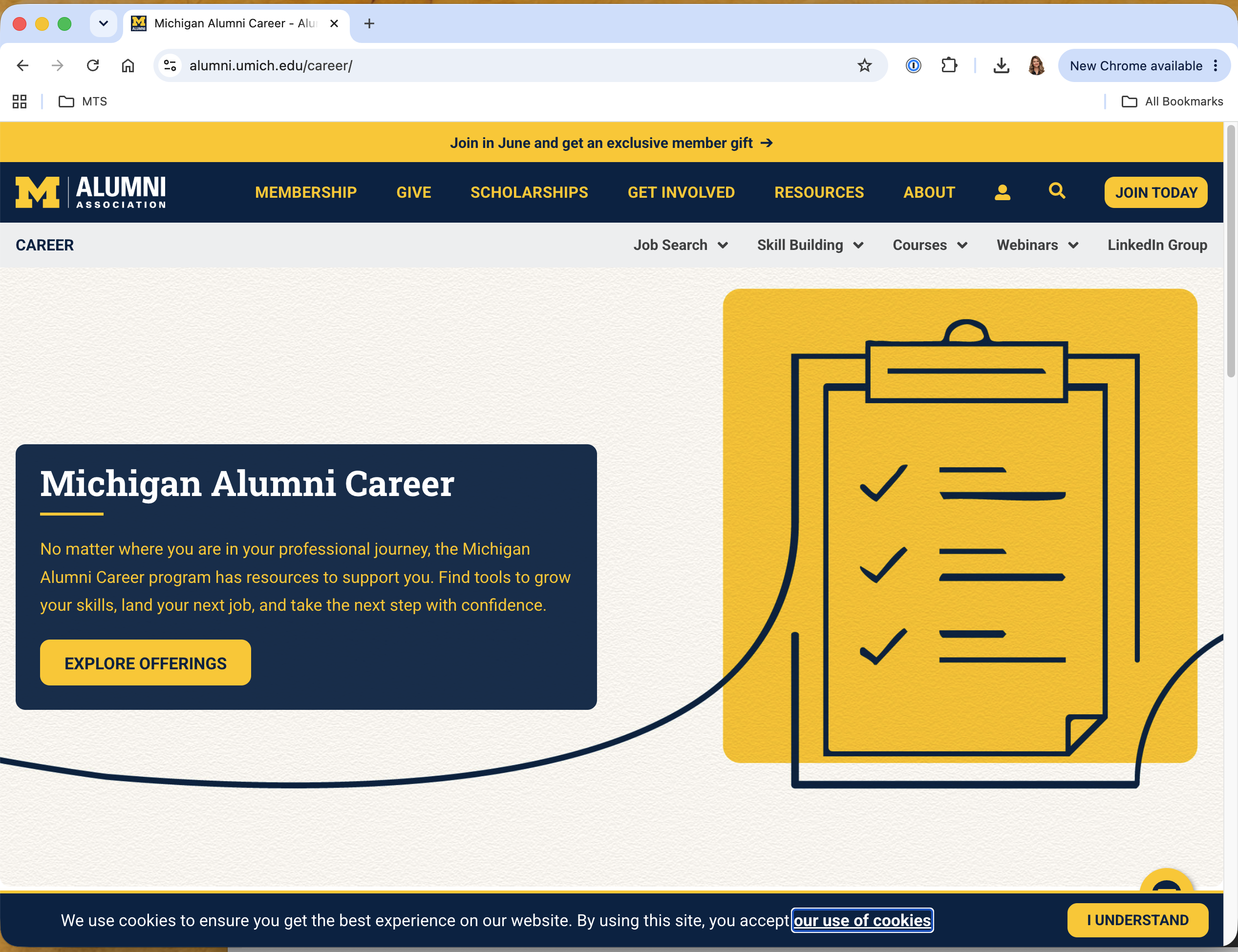 Screenshot of the University of Michigan Alumni Career Center webpage featuring the headline “Michigan Alumni Career” and resources for job search, skill building, courses, and webinars.