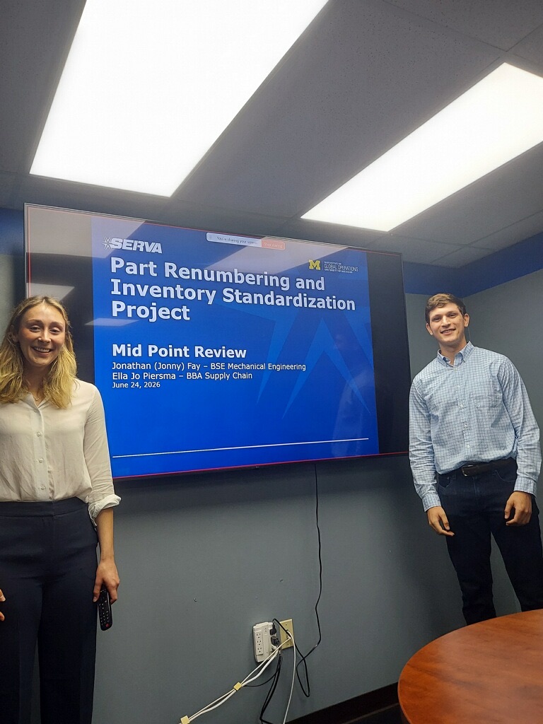 Two students stand in front of a TV screen with a presentation